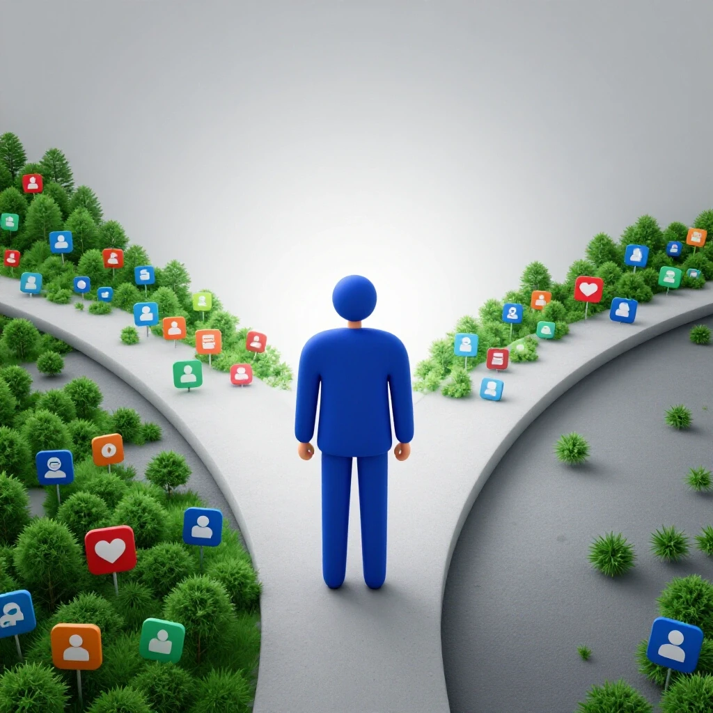 A visual metaphor of a crossroads symbolizing choices in social media tools, enriched with vibrant colors and social media icons.