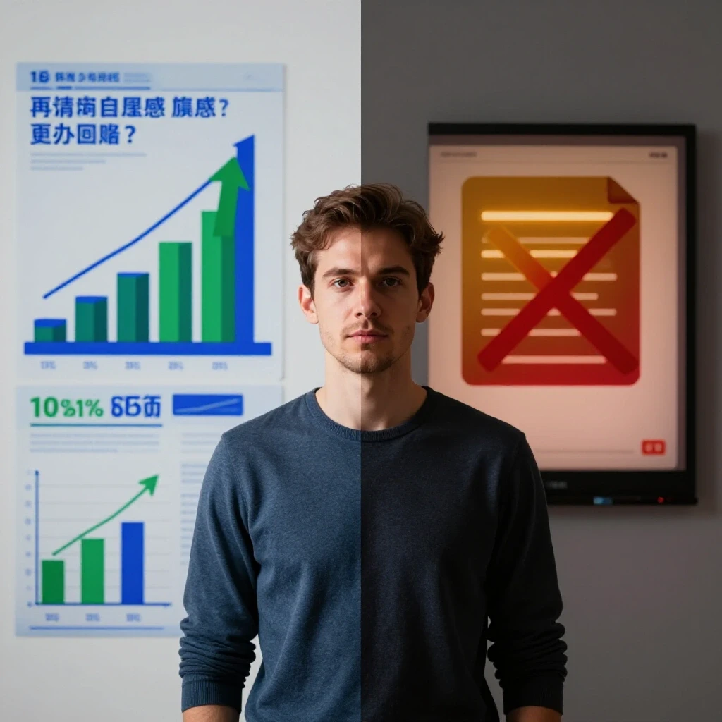 A split-screen image contrasting successful social media ads with positive metrics against a dimly lit screen showing stagnant metrics and a crossed-out symbol.