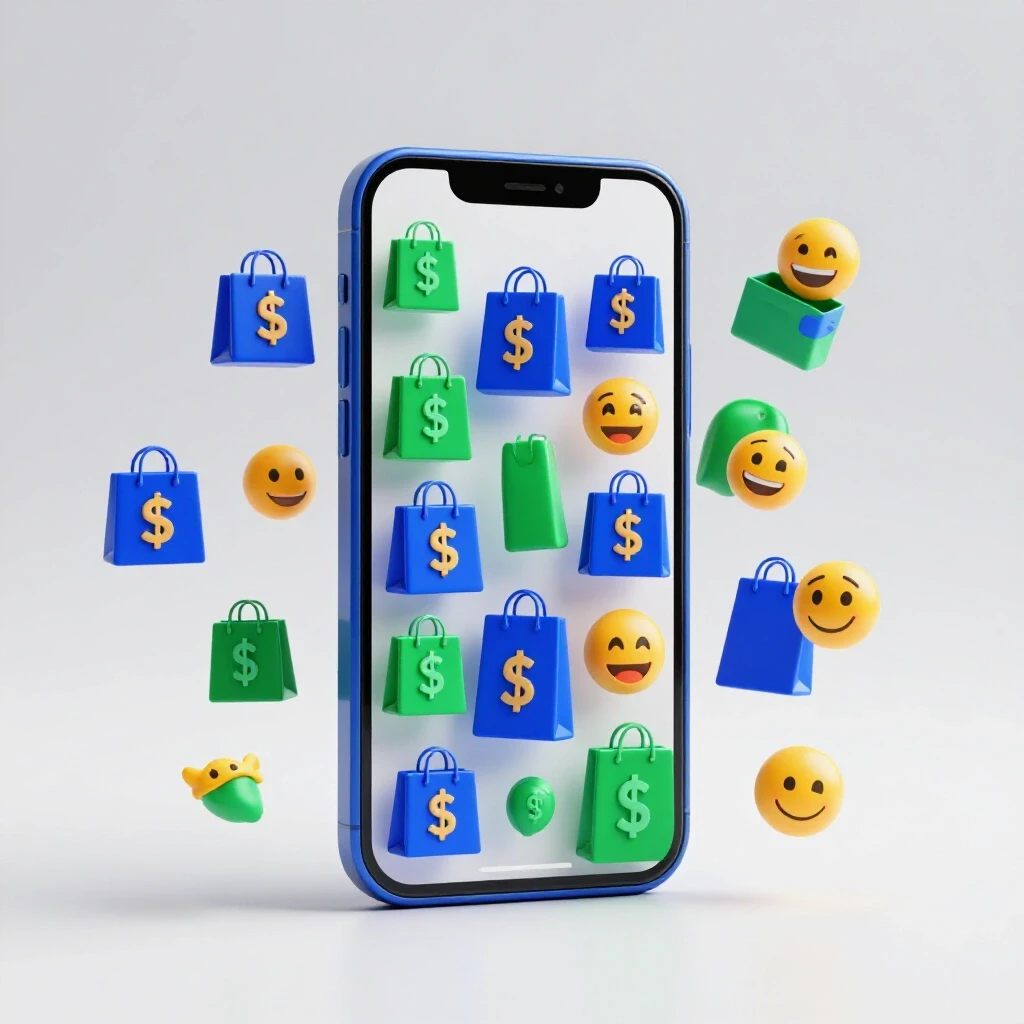 A smartphone displaying a live video feed with shopping icons and emojis inviting engagement and curiosity.