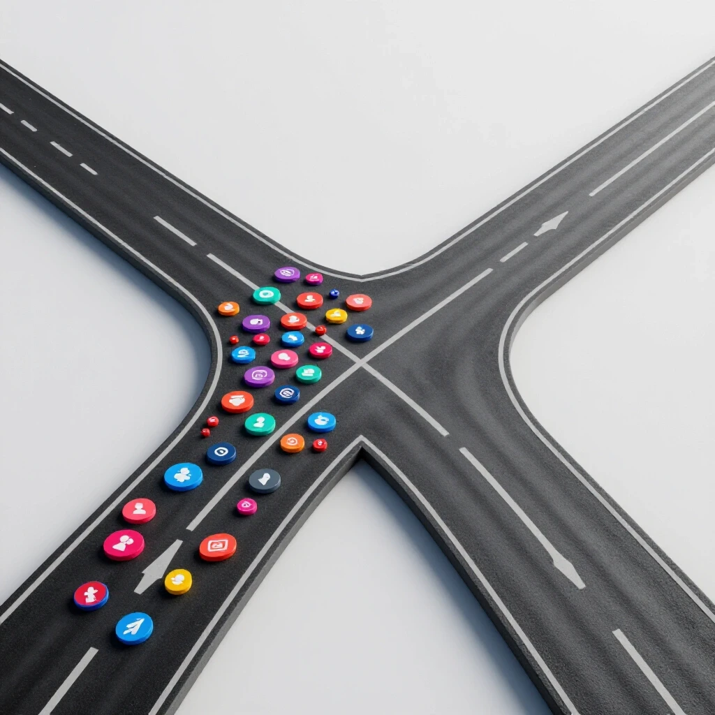 A split road showing vibrant social media icons on one side and a gray stagnant path on the other, symbolizing growth.