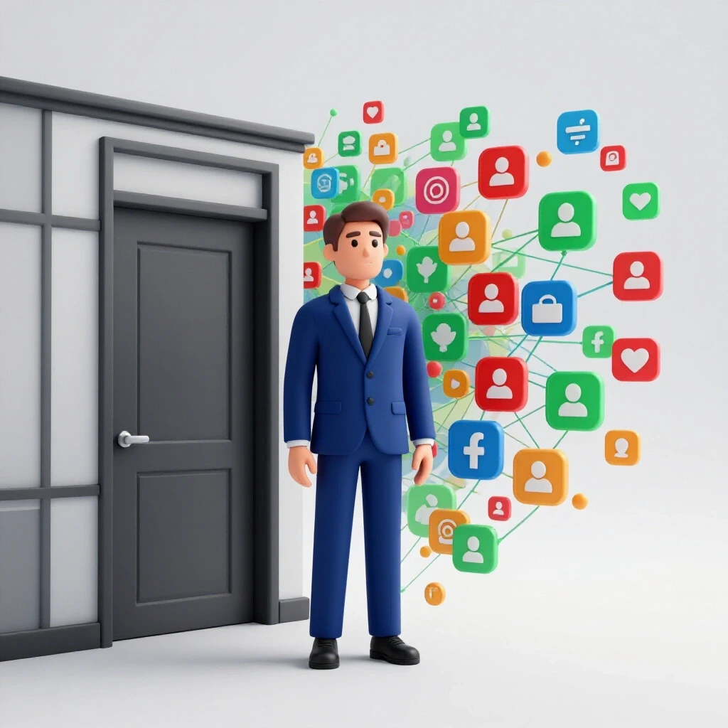 A vibrant contrast between a traditional office and a lively digital landscape of social media icons representing B2B sales.