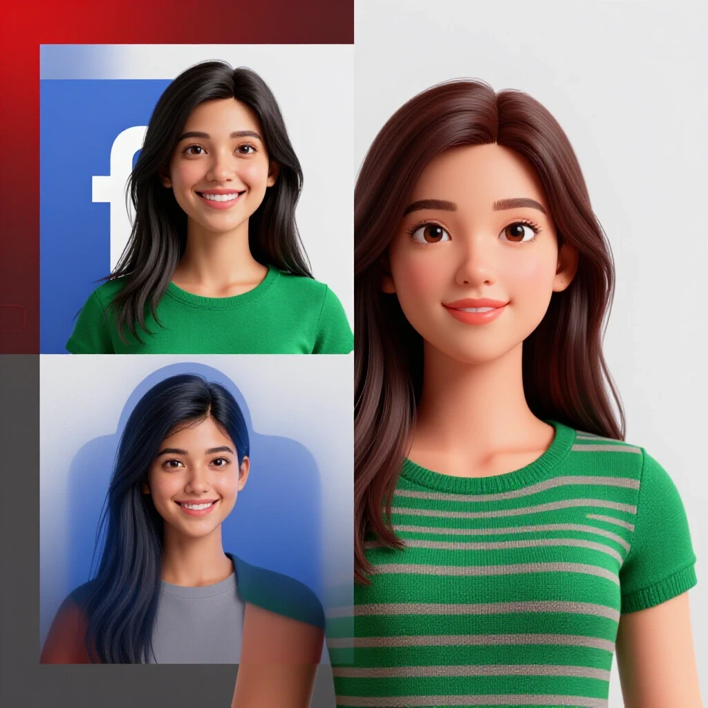 A 3D image depicting a split design showing a perfectly sized Facebook profile photo and a poorly cropped version.