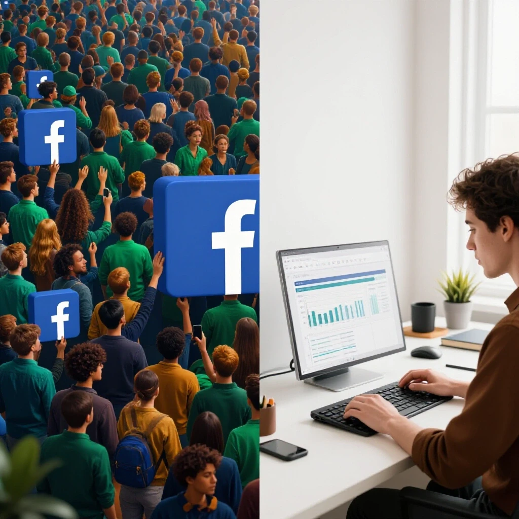 A split image showing the chaos of ineffective Facebook ads on one side and a calm workspace analyzing analytics on the other.