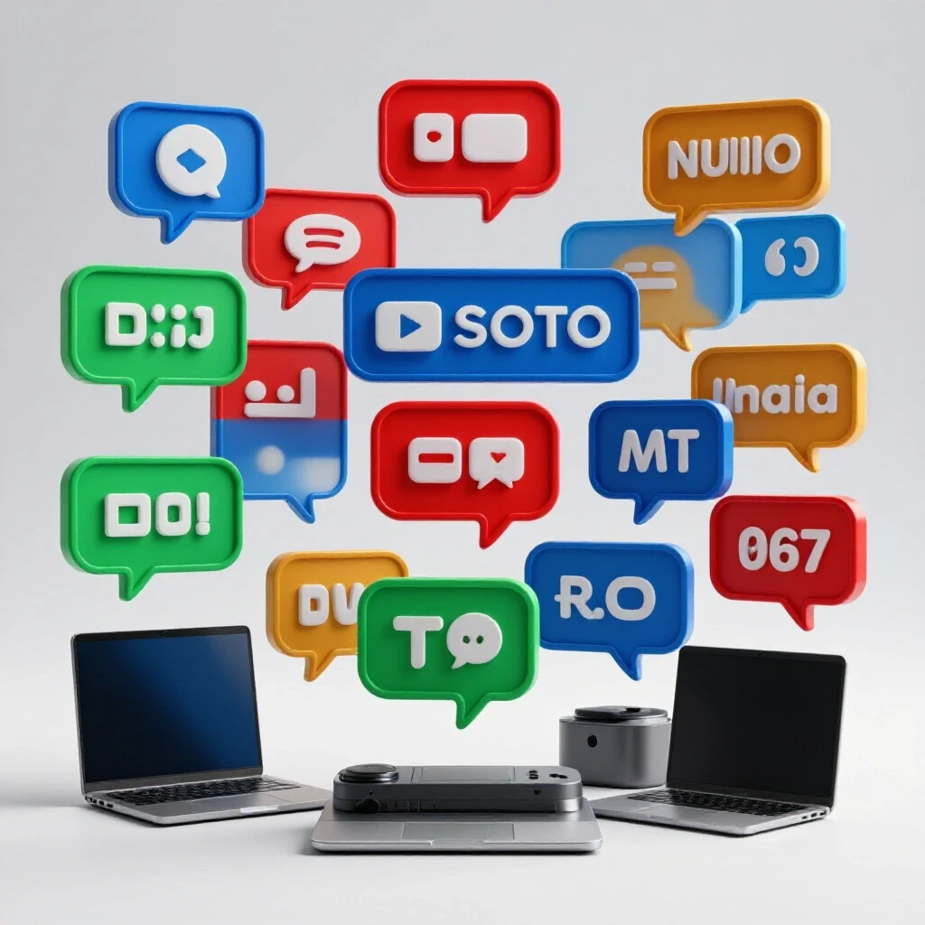 A dynamic representation of social media interaction with oversized speech bubbles in vibrant colors coming from devices.