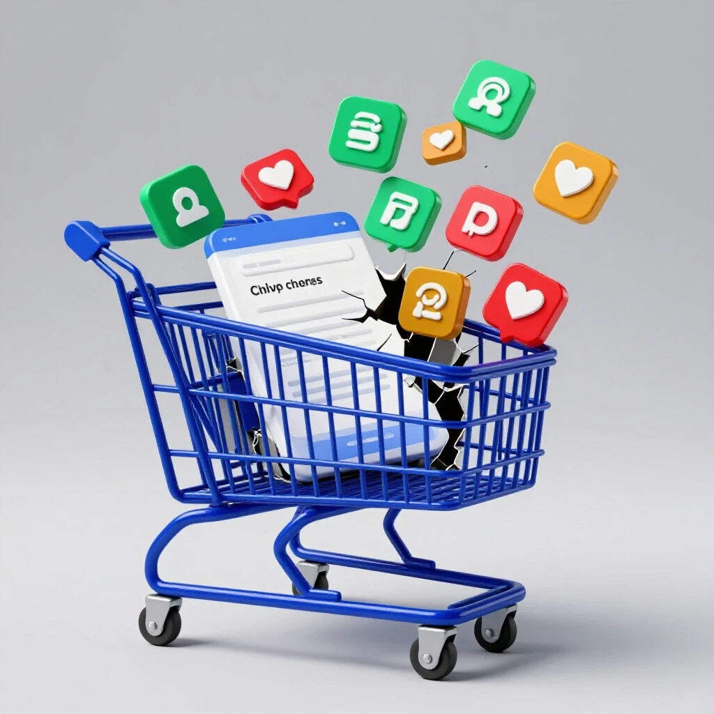 A cracked shopping cart spilling colorful social media icons, with a smooth checkout page emerging from the cracks