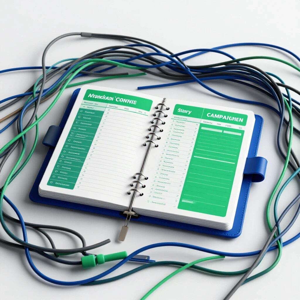 A cluttered desk with tangled wires contrasted by an organized planner for ad campaign naming systems.