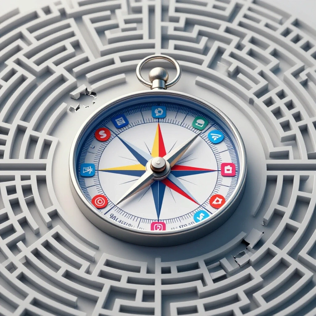 A broken compass with vibrant social media icons set against a maze-like background, symbolizing complex attribution changes in advertising.