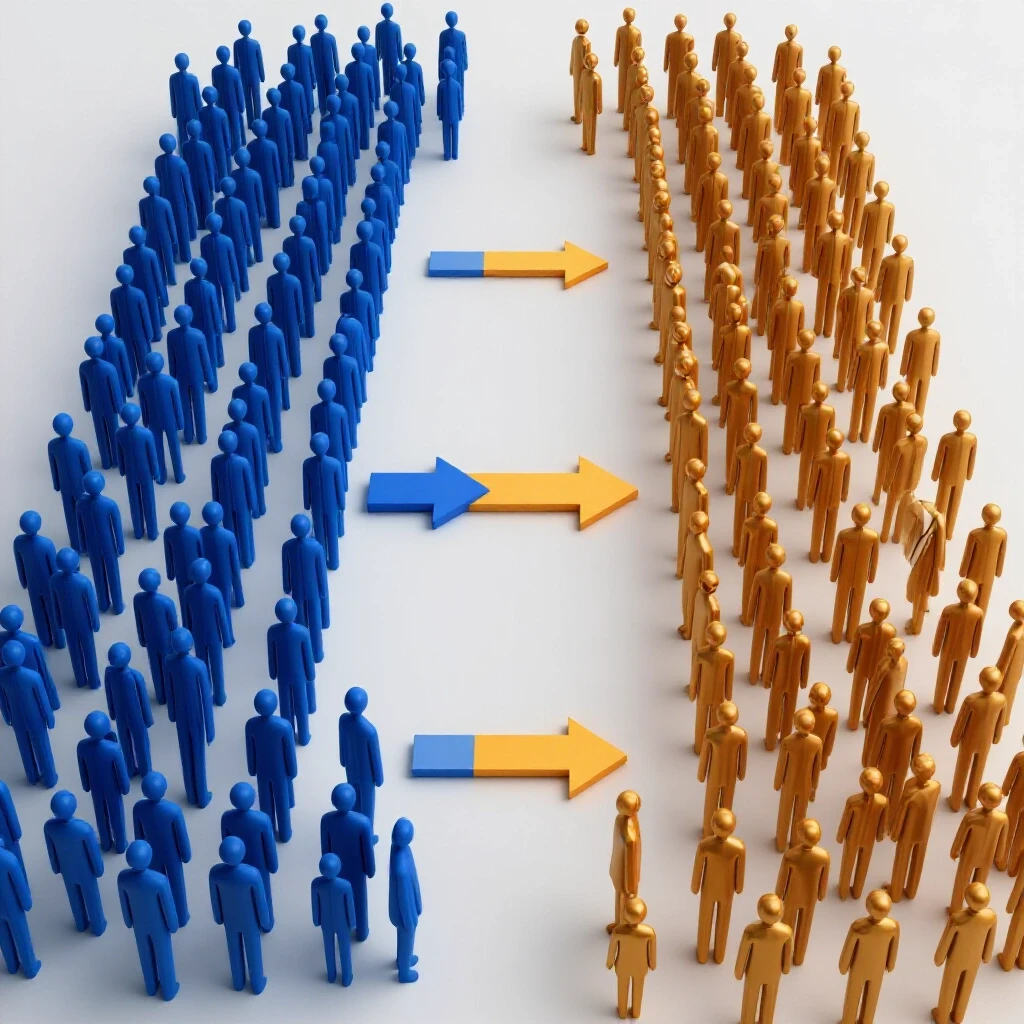 A dynamic visual showing a shrinking audience silhouette on one side and an expanding crowd on the other, symbolizing social media growth.