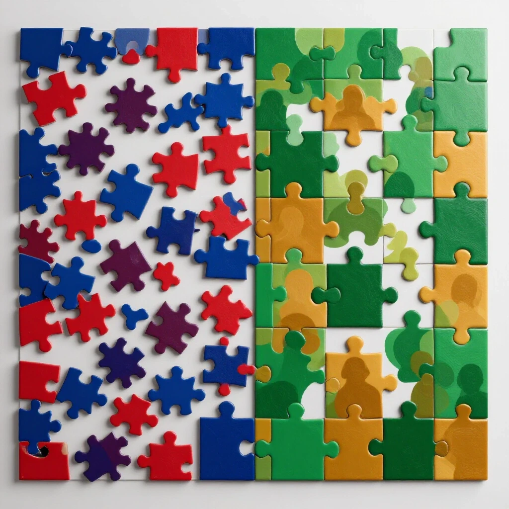 A split image showing fragmented puzzle pieces representing confusion on one side and interconnected pieces showing engagement on the other.