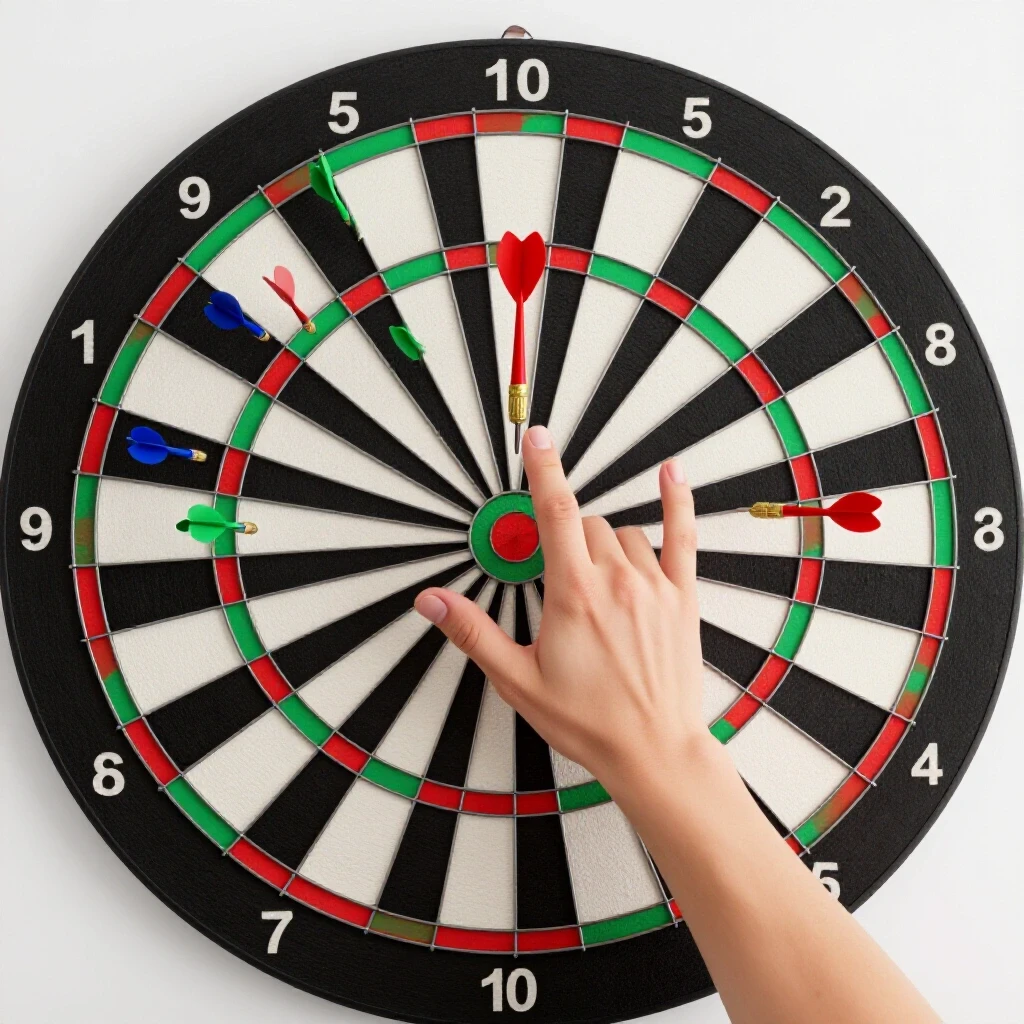 A dartboard with darts missing the target, alongside a hand adjusting the aim, symbolizing the need for better ad targeting.