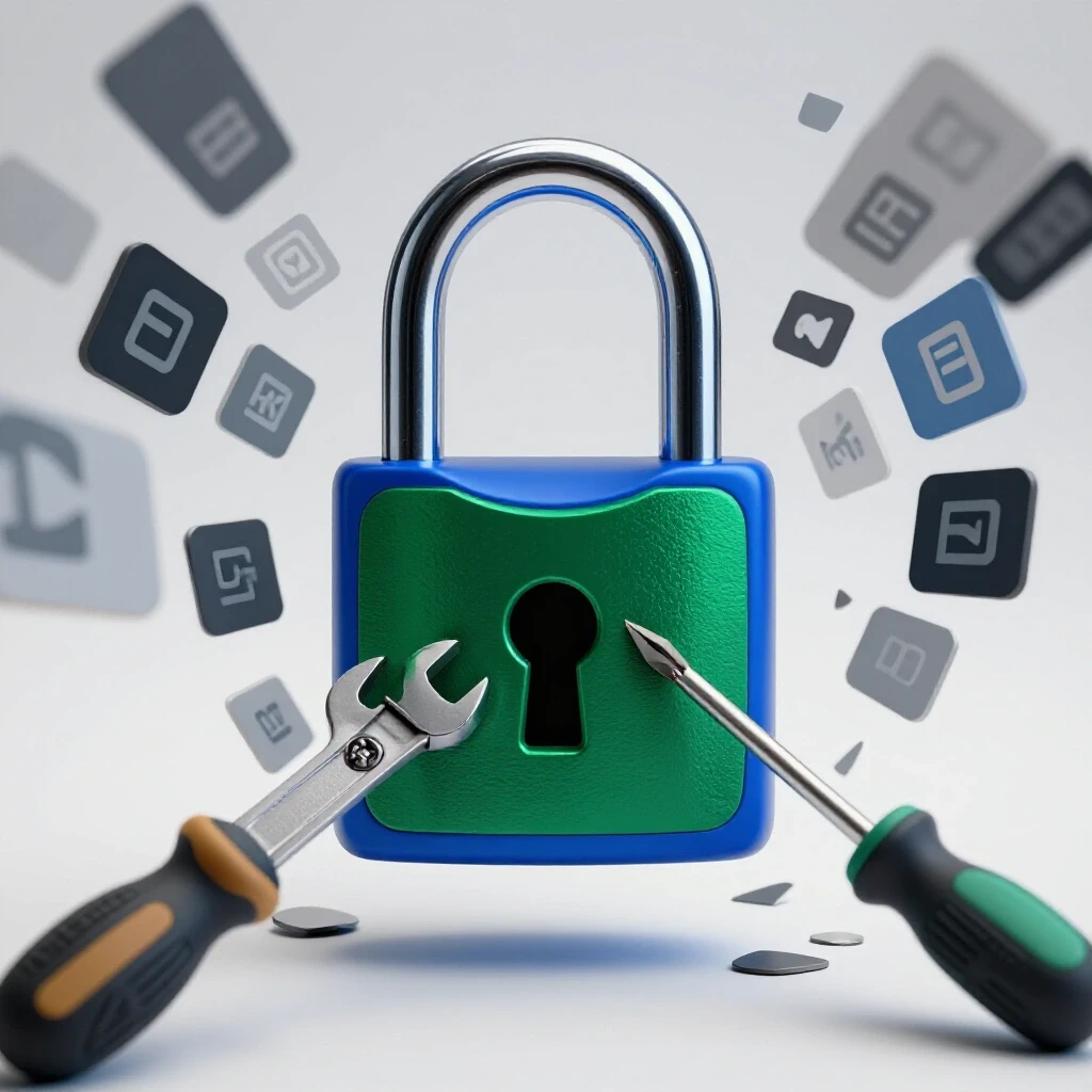 A digital lock being repaired with tools against fragmented brand logos, emphasizing trust in brand accounts.