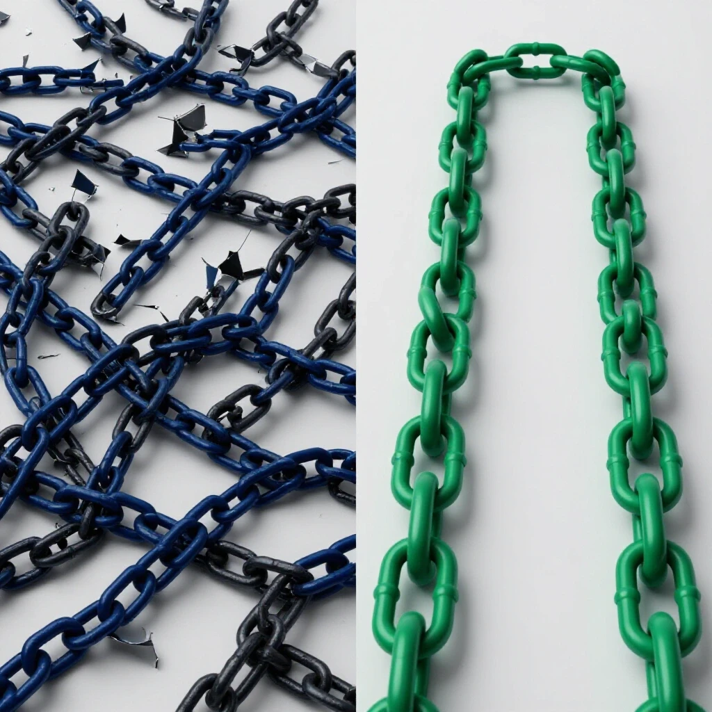 A split image showing tangled broken chains contrasting with a streamlined pathway of connected links, symbolizing ad sequence recovery.