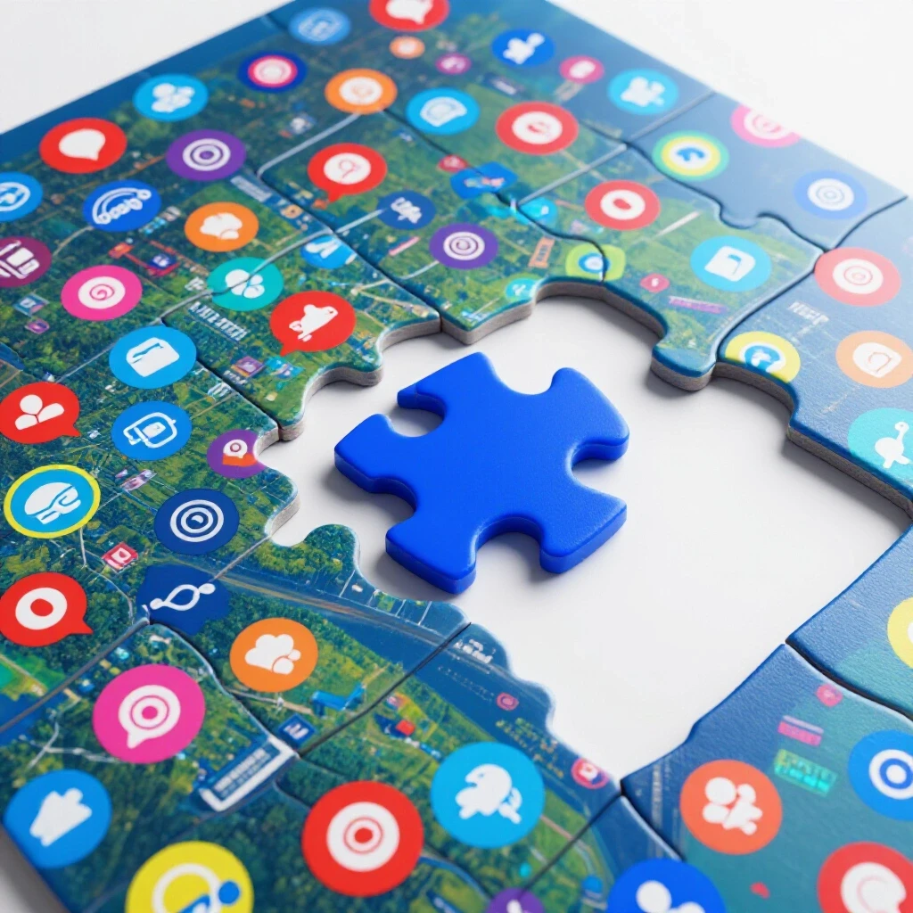 A vibrant puzzle piece being inserted into a nearly completed puzzle illustrating digital marketing, with social media icons scattered around.