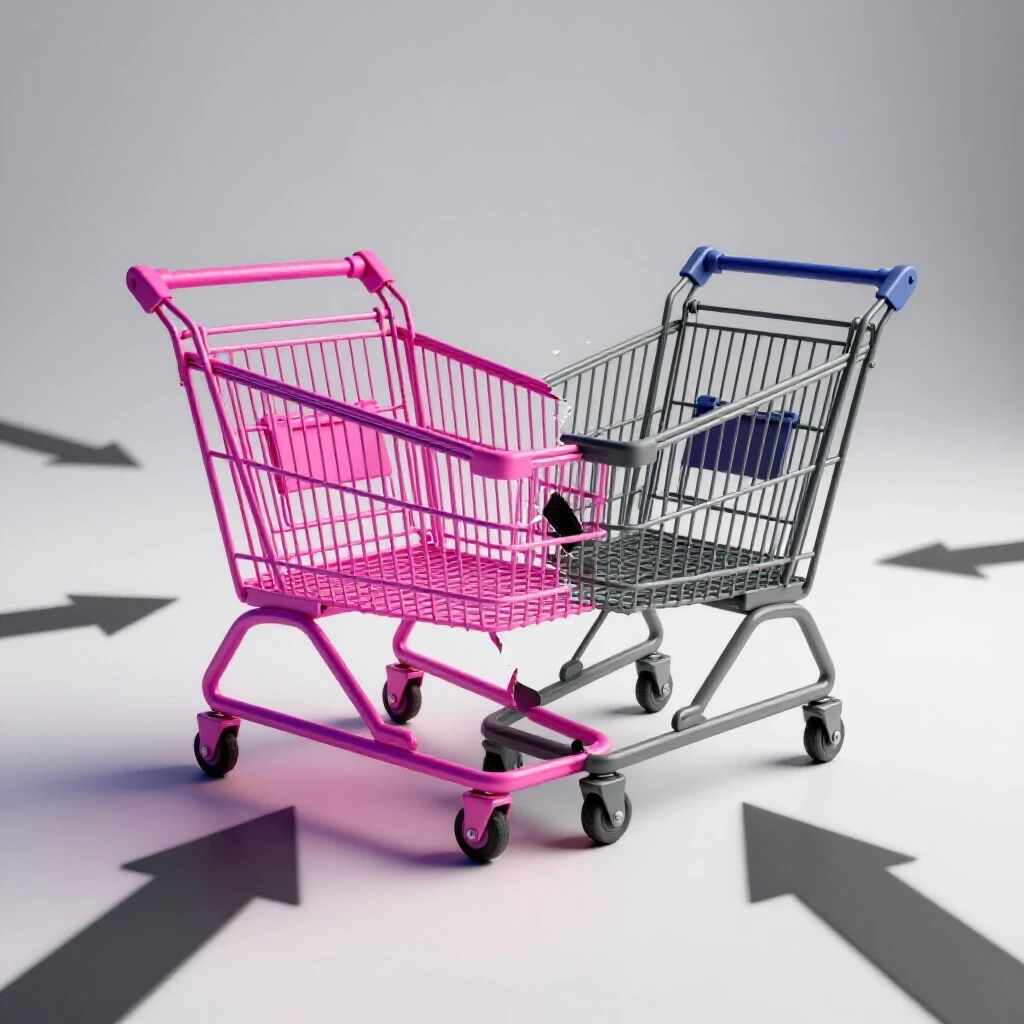 A broken shopping cart split in half, illustrating vibrant Instagram colors on one side and dull tones on the other, with arrows leading to a shop interface.