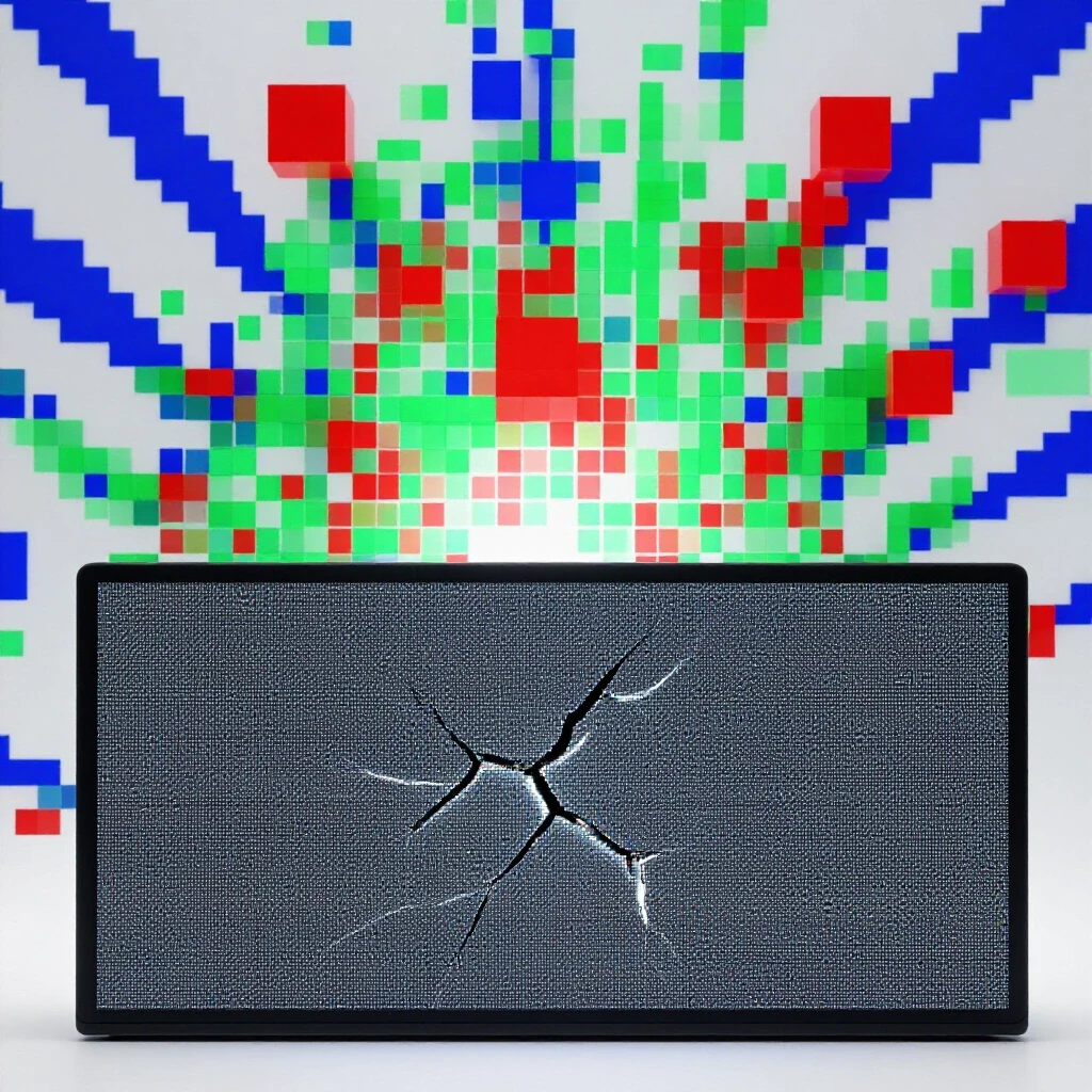 A large cracked pixelated screen with glowing pixel elements emerging, representing broken tracking and accurate data.