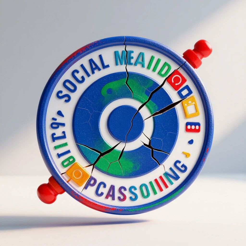 A cracked social media approval stamp with vibrant colors spilling out, surrounded by abstract social media icons.