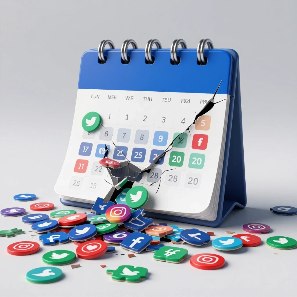 A shattered social media calendar with icons spilling out, representing a broken content strategy.