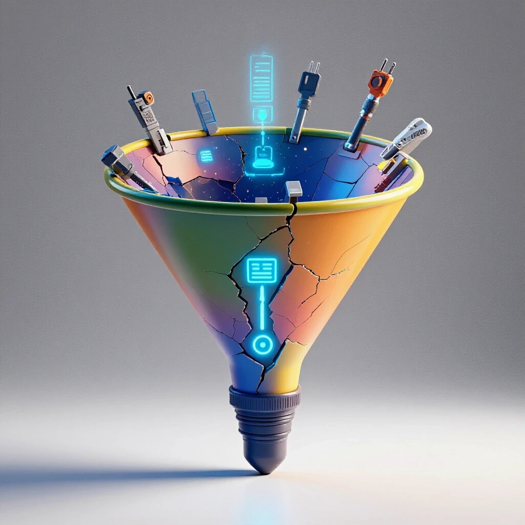 A vibrant 3D funnel with glowing tools mending cracks, symbolizing optimization in social media campaigns.