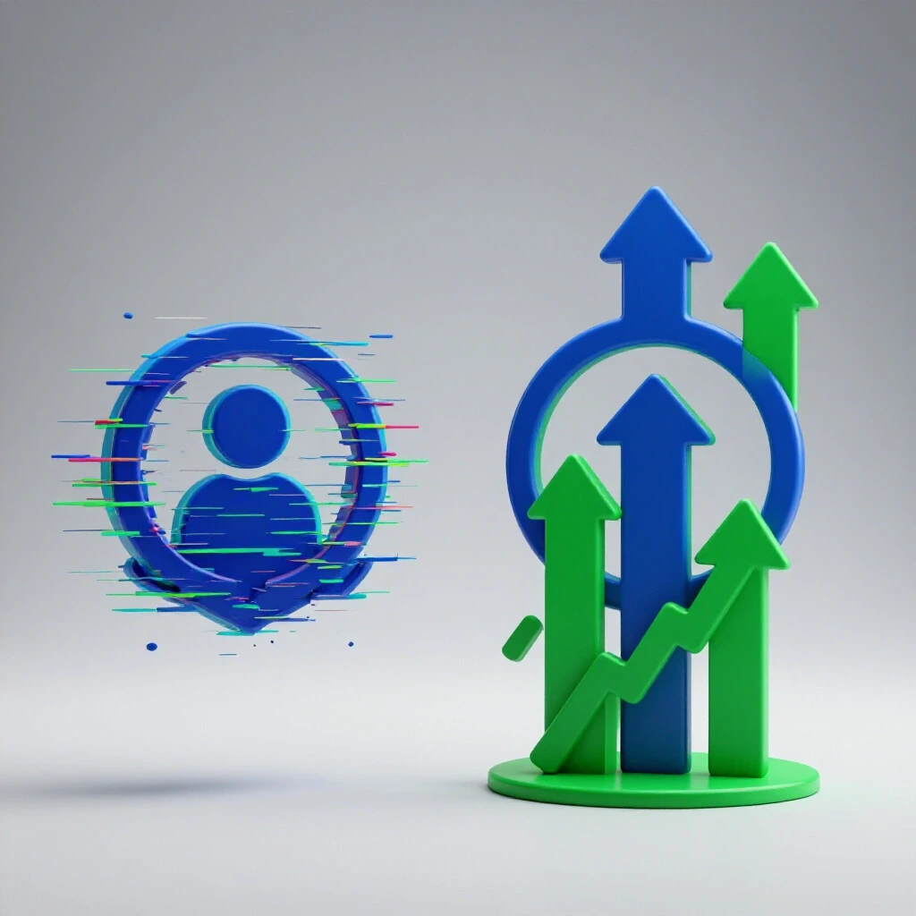 A striking 3D image of two mirrored campaign icons, one glitching, surrounded by upward arrows signifying growth.