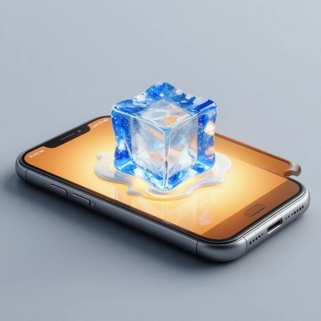 A melting ice cube rests on a glowing smartphone screen, symbolizing the transition in retargeting ads.
