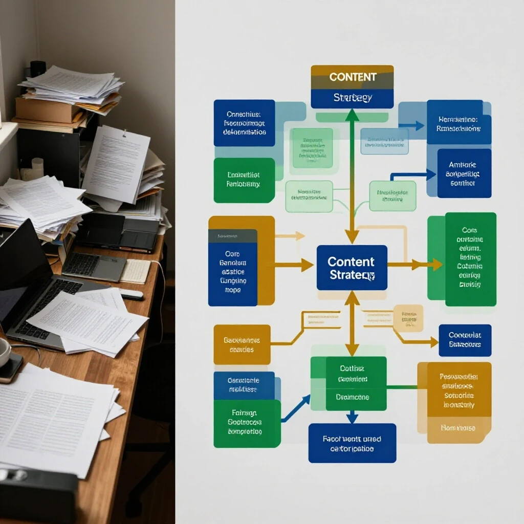 A visually striking split image showing a chaotic workspace on one side, contrasted with a vibrant content strategy map on the other, illustrating clarity vs confusion.
