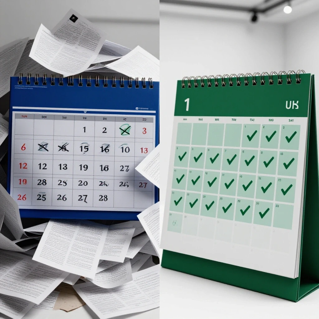 A contrasting split image of a chaotic filled calendar and an organized calendar, illustrating scheduling concepts.
