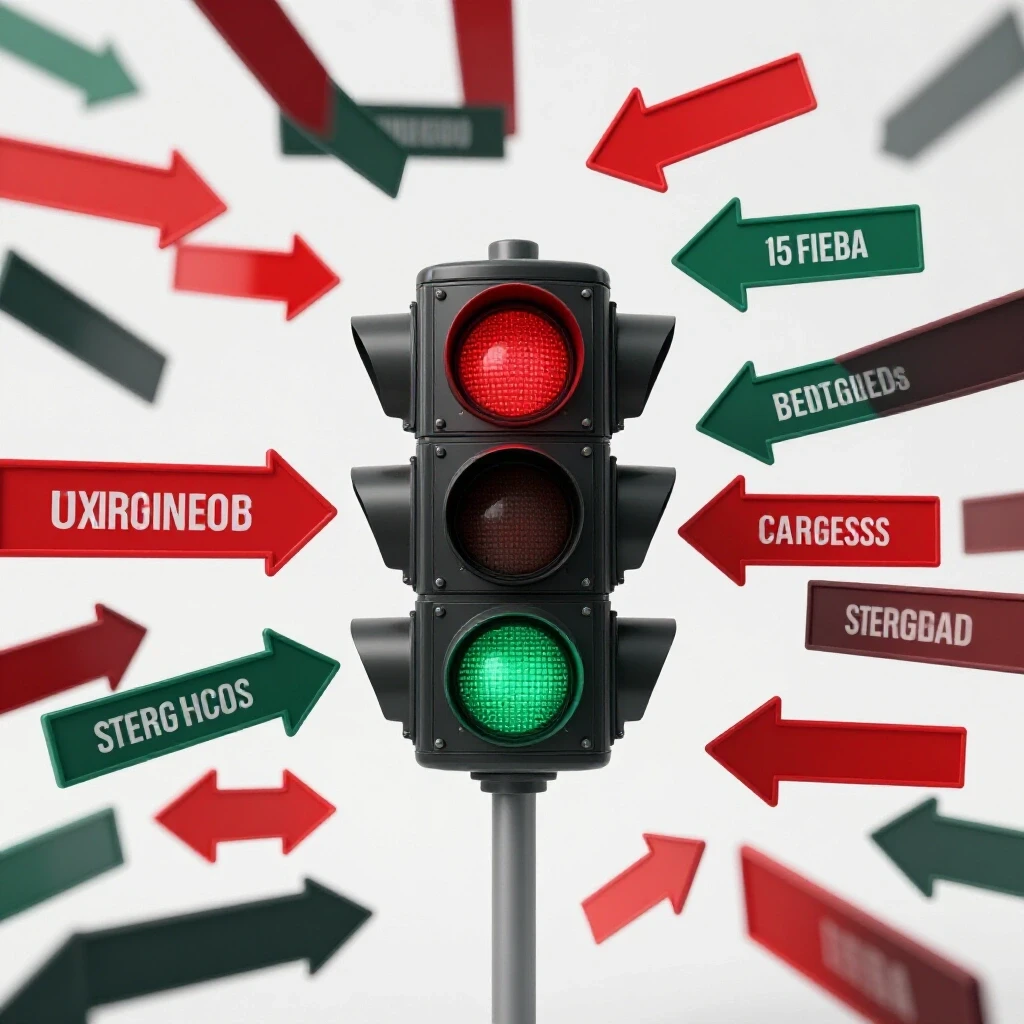 A broken traffic light with arrows around it, symbolizing chaos in social media campaigns.