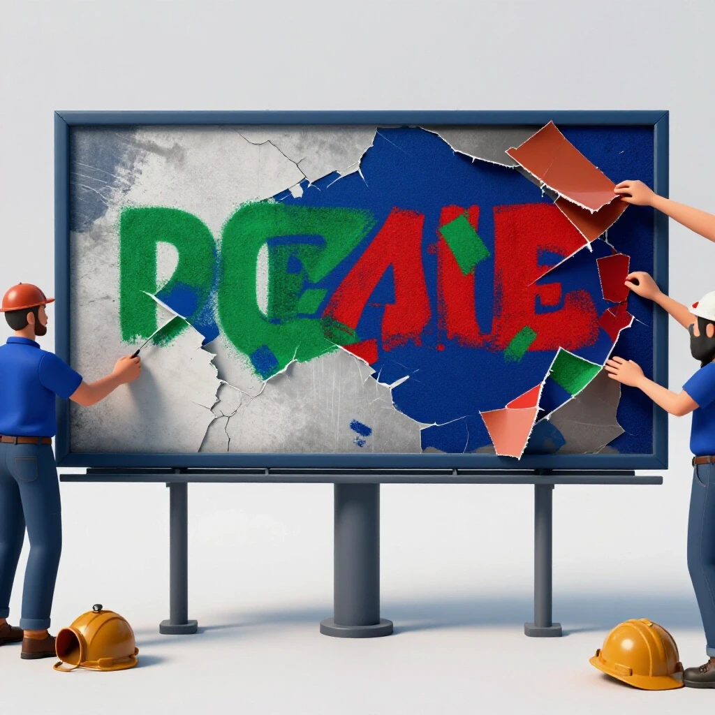 A vibrant ad billboard being repaired, depicting collaboration and transformation in social media marketing.