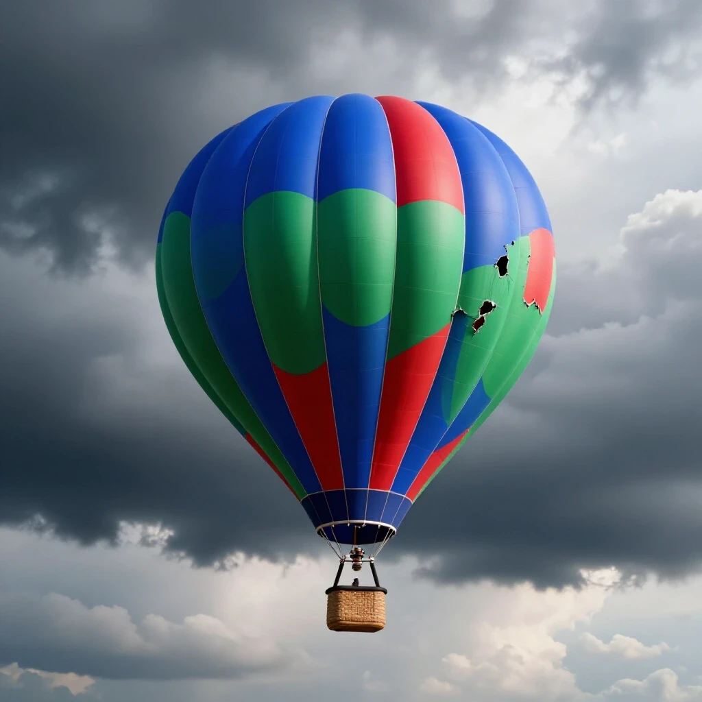A vibrant hot air balloon with a damaged envelope floating in a stormy sky, symbolizing urgent social media ad recovery.