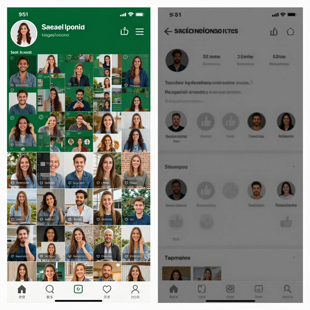 A split image comparing a vibrant, engaging social media profile with a dull, inauthentic one, highlighting the difference in growth.