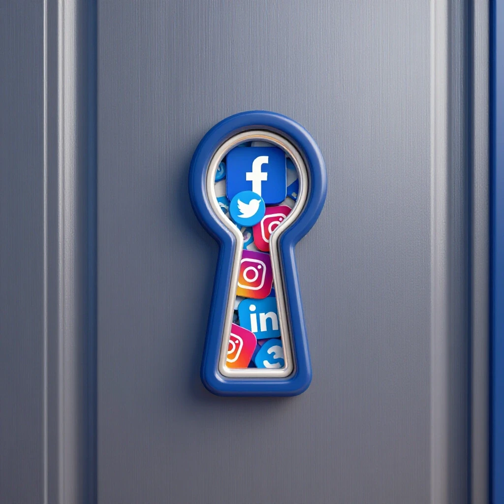 A bright 3D-rendered locked door with a keyhole, vibrant social media icons peeking through, symbolizing conversion potential.