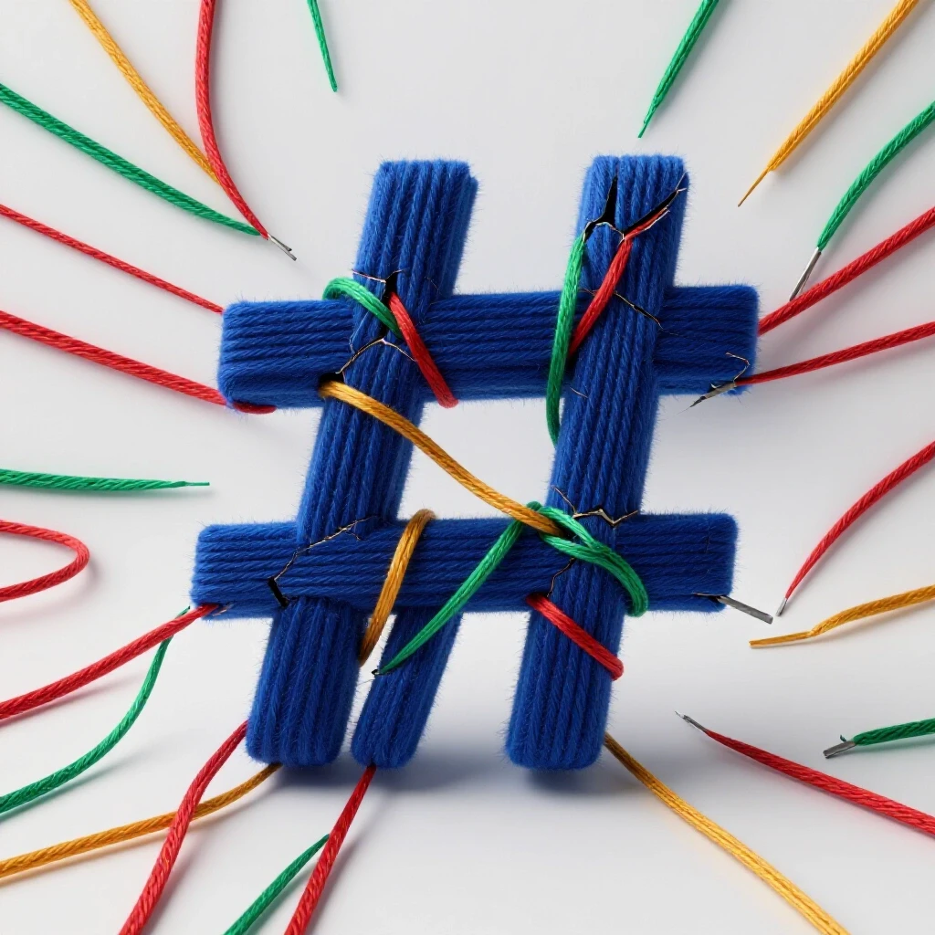 A cracked hashtag symbol being mended with colorful threads, symbolizing recovery and rejuvenation.