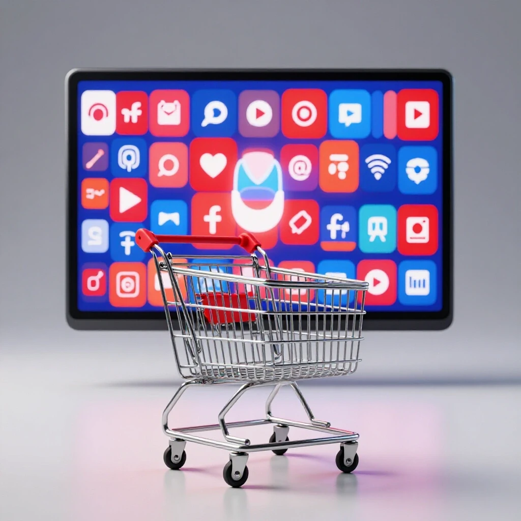 A vibrant social media ad contrasts with an empty shopping cart, symbolizing high engagement but low sales.