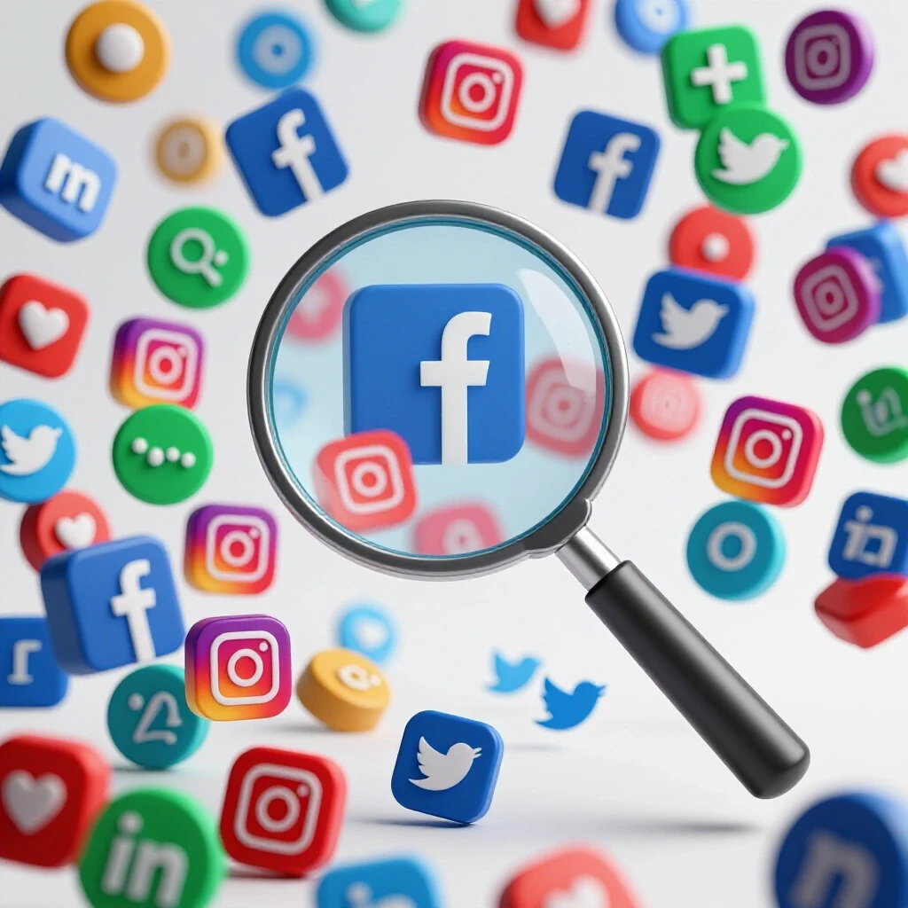A magnifying glass over colorful social media icons, suggesting the discovery of insights in audience research.