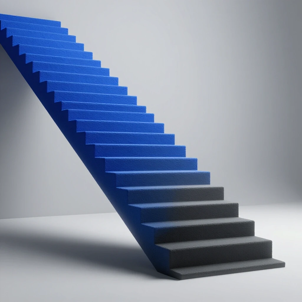 A vibrant staircase illustration symbolizing social media growth with initial bright steps leading to a shadowy final step, representing challenges.