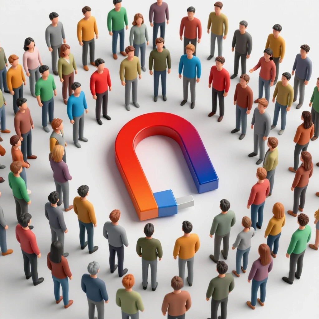 A vibrant magnet attracting a diverse audience, with one section showing grayscale people symbolizing misalignment.