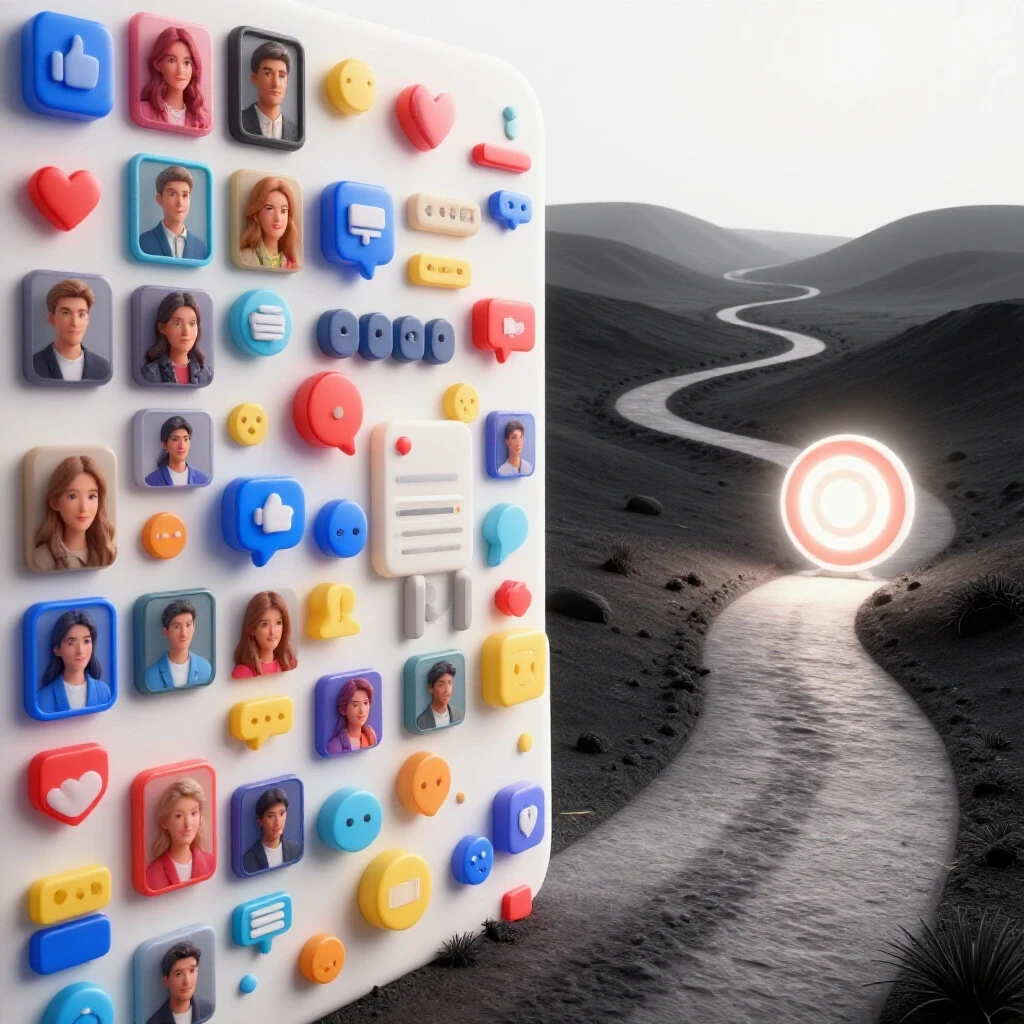 A vibrant social media feed on one side contrasting with a barren landscape on the other, illustrating the journey from high reach to conversions.