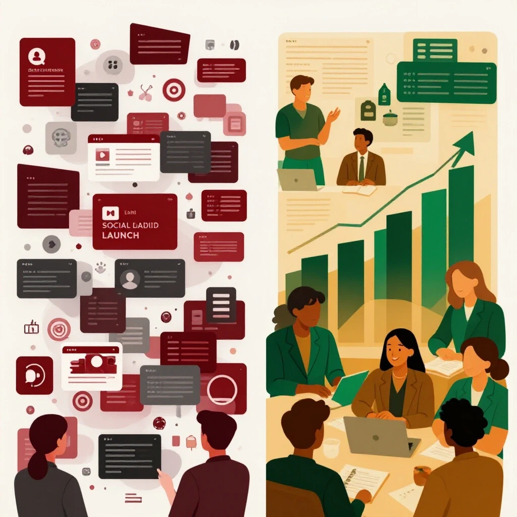 A visual comparison of a chaotic versus organized social media launch, showcasing metrics and audience reactions