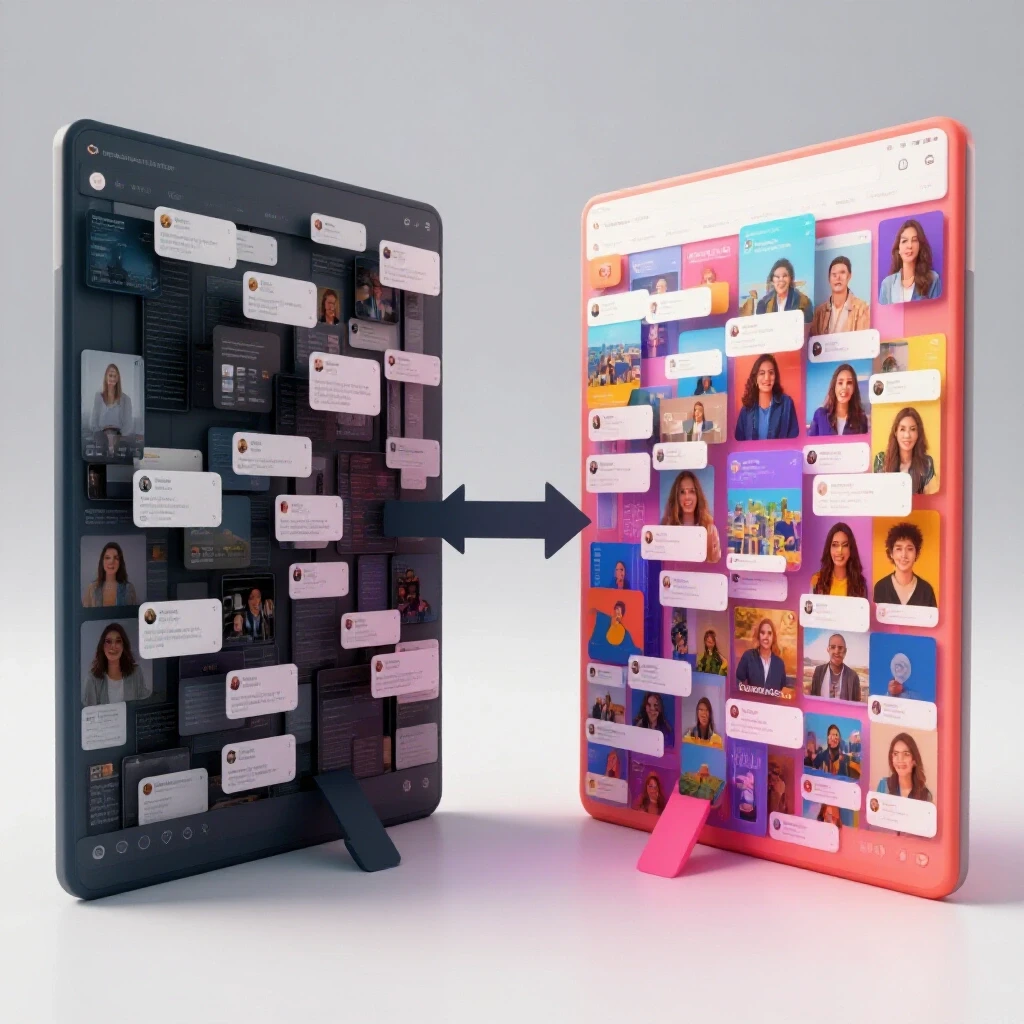 A split-screen image showing chaotic dark social media feeds on one side and vibrant engaging feeds on the other, representing quality traffic transformation.