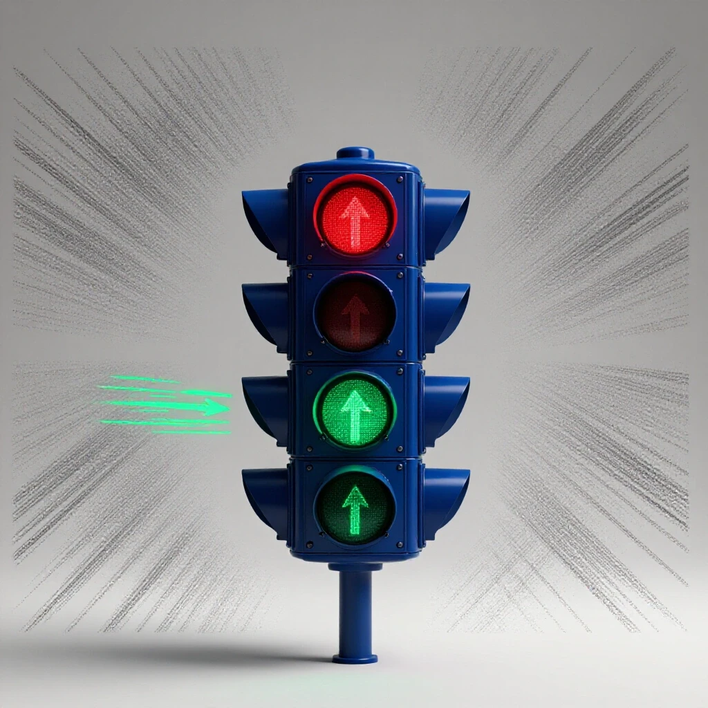A vibrant, 3D representation of a traffic light transitioning from red to green, symbolizing quality traffic in social media ads.