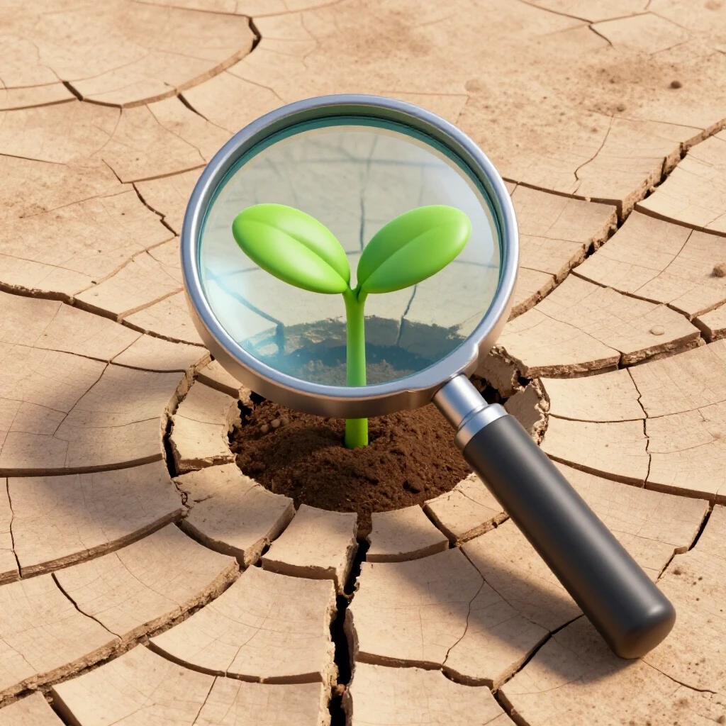 A magnifying glass highlights a vibrant seedling growing from cracked ground, symbolizing growth.