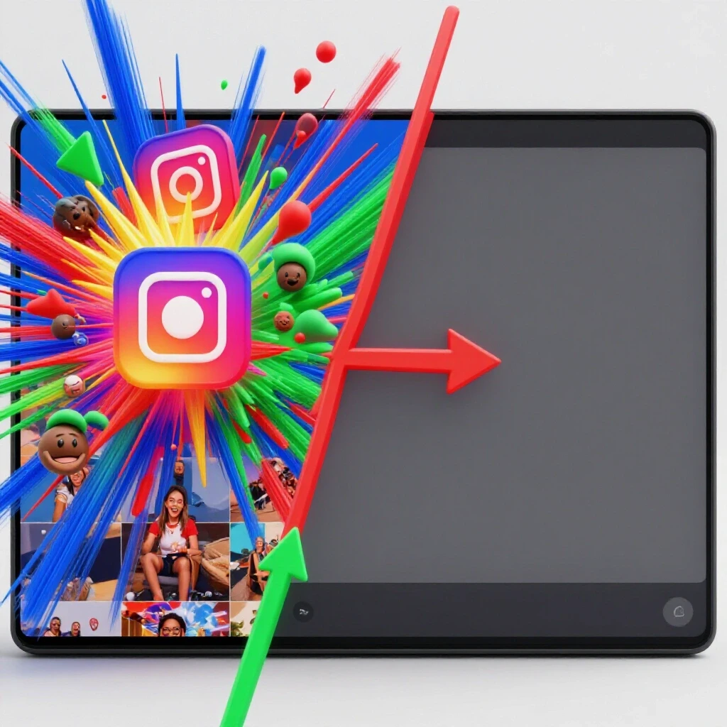 A dynamic visual split showing a colorful Instagram Reel on one side and a dull metrics screen on the other, conveying a contrast between engagement and low retention.