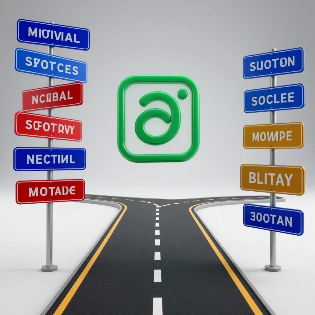 A visually striking split road image depicting chaotic mismatched signs on one side and a clear pathway leading to a vibrant social media icon on the other side, illustrating effective ad messaging.