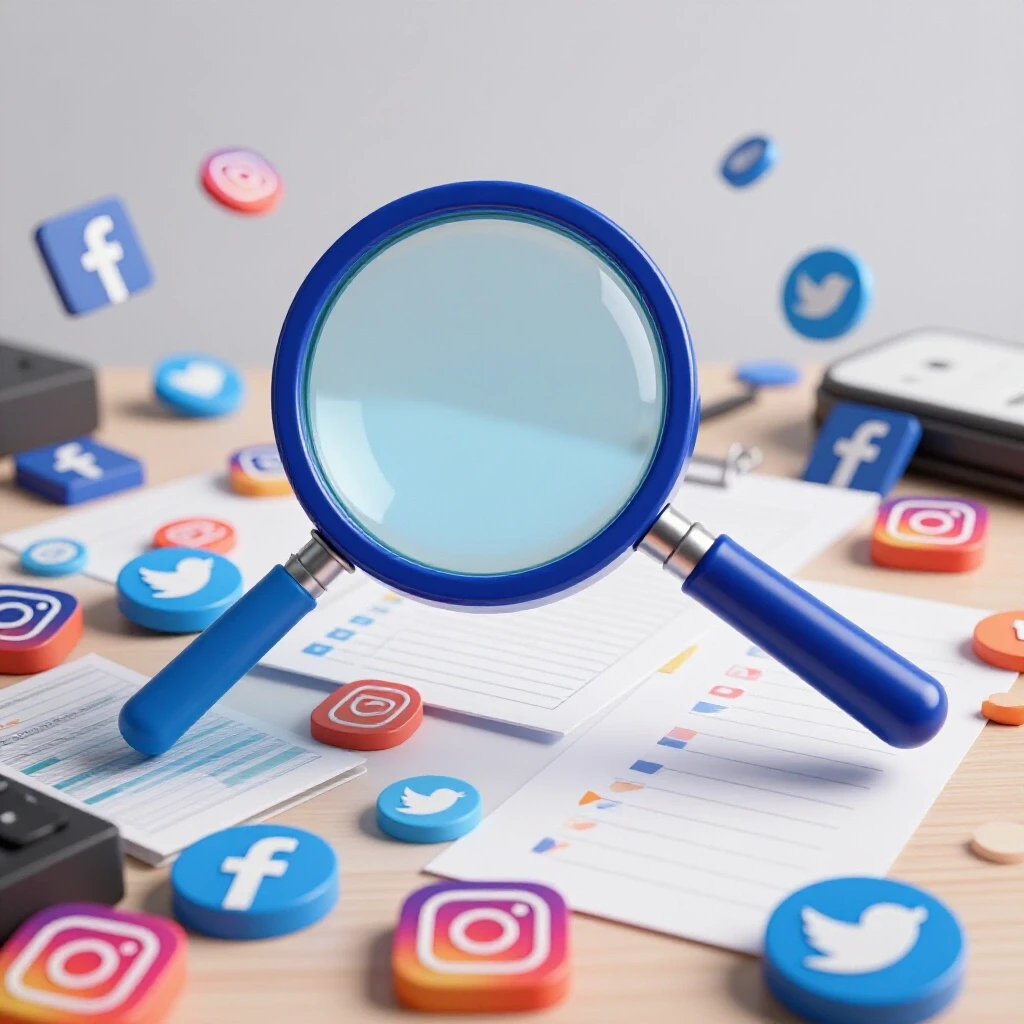 A magnifying glass over a desk with scattered social media icons and checklists, highlighting detail discovery.