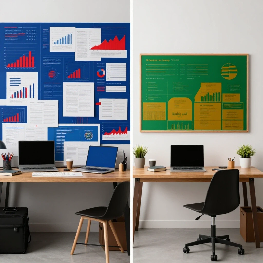 A visually divided workspace juxtaposes chaos of metrics with a serene strategy board, symbolizing clarity from confusion.