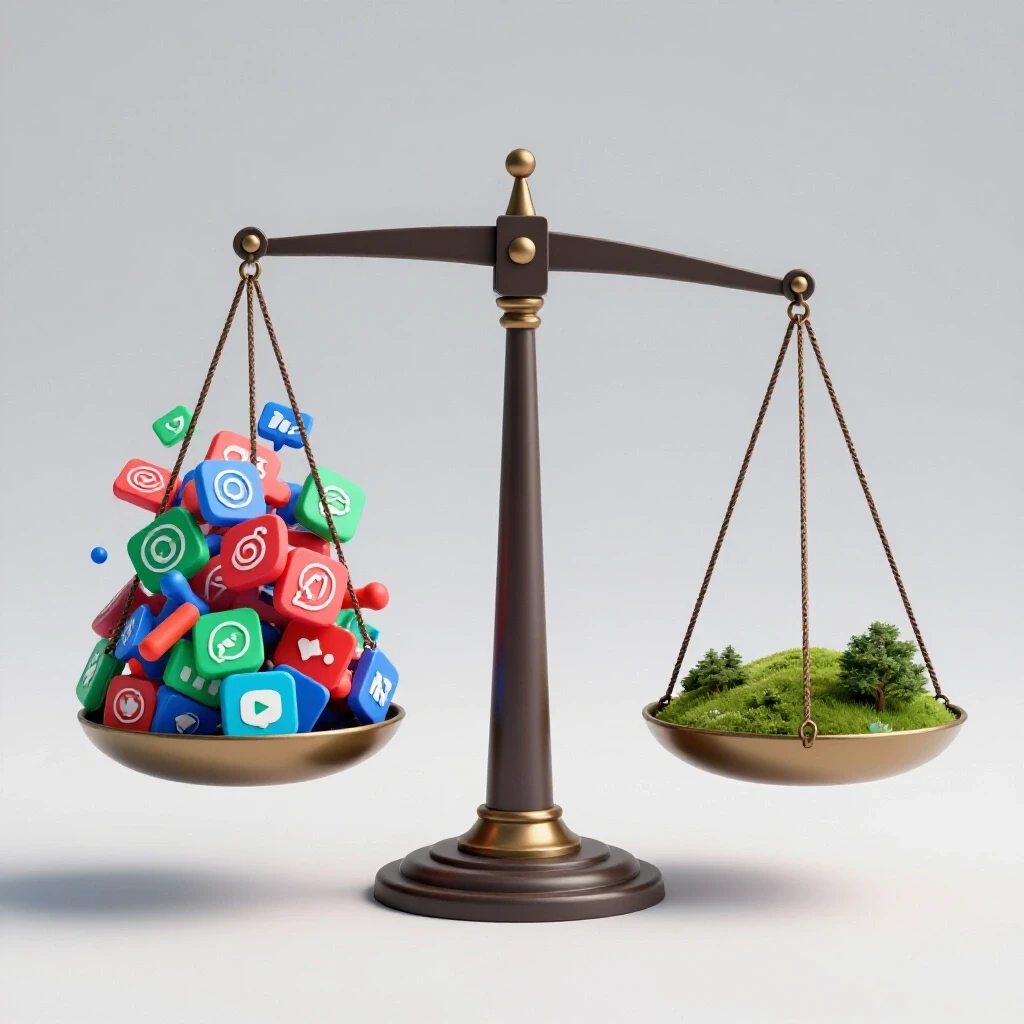 A pair of scales balancing chaotic social media icons against a serene landscape, symbolizing balance in social media strategy.