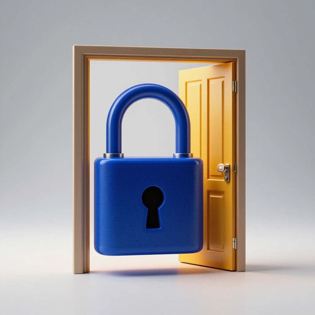 3D rendering depicting a locked padlock and an open door with social media icons, illustrating access and restriction in advertising.