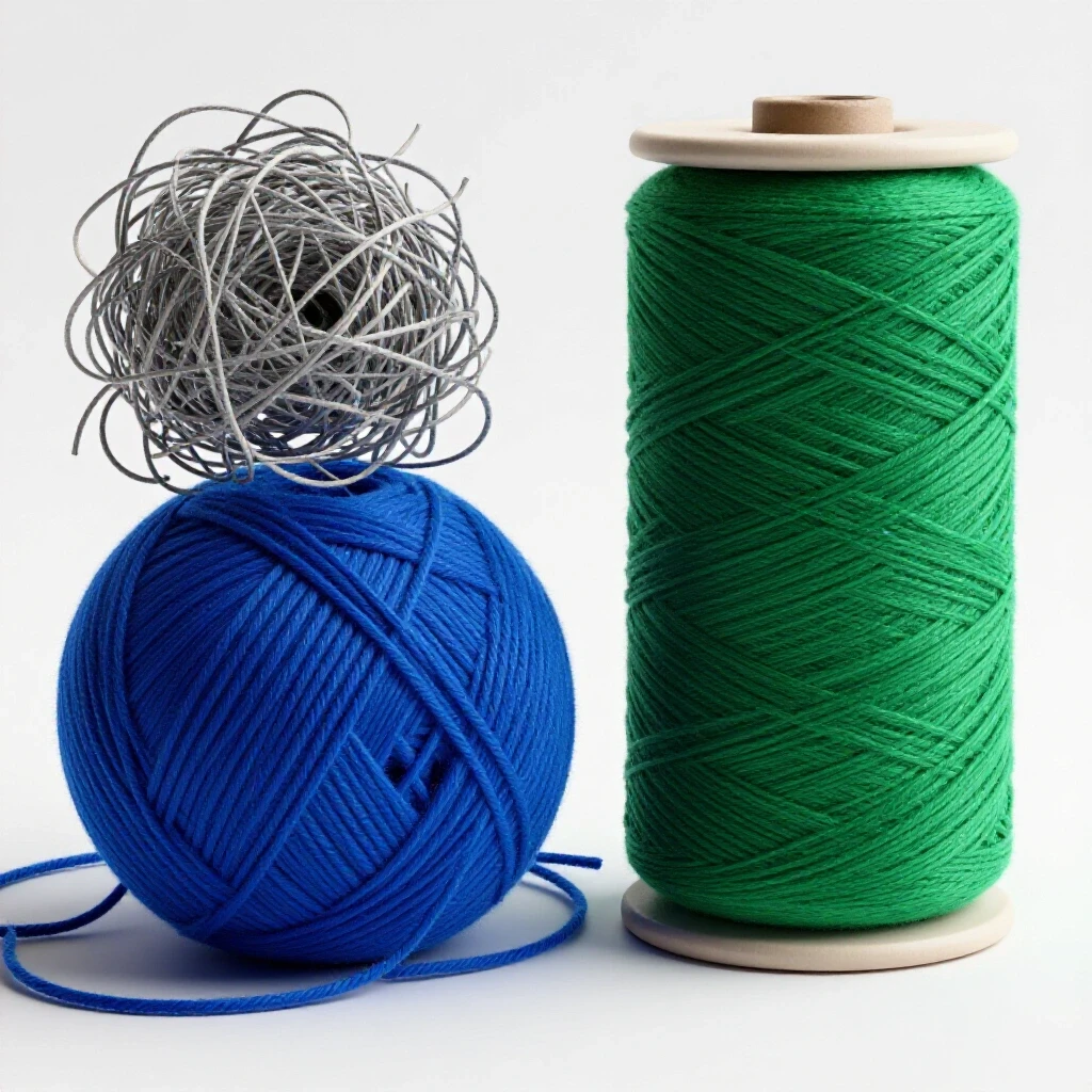 Contrast between a chaotic ball of yarn and a neatly organized spool symbolizing ad set optimization.