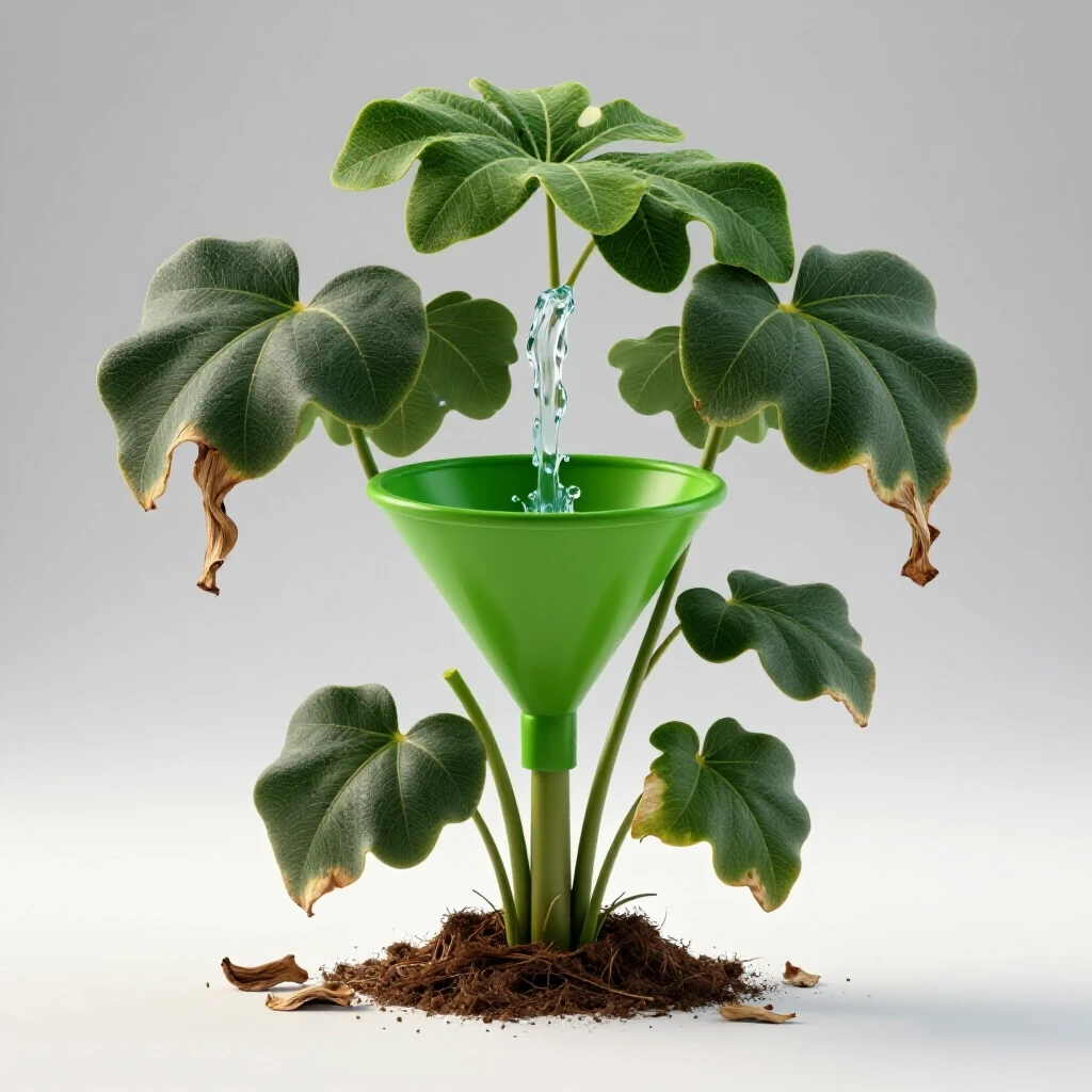 A stylized 3D visualization of a funnel-shaped plant reviving with water amidst a bright background, symbolizing revitalization.