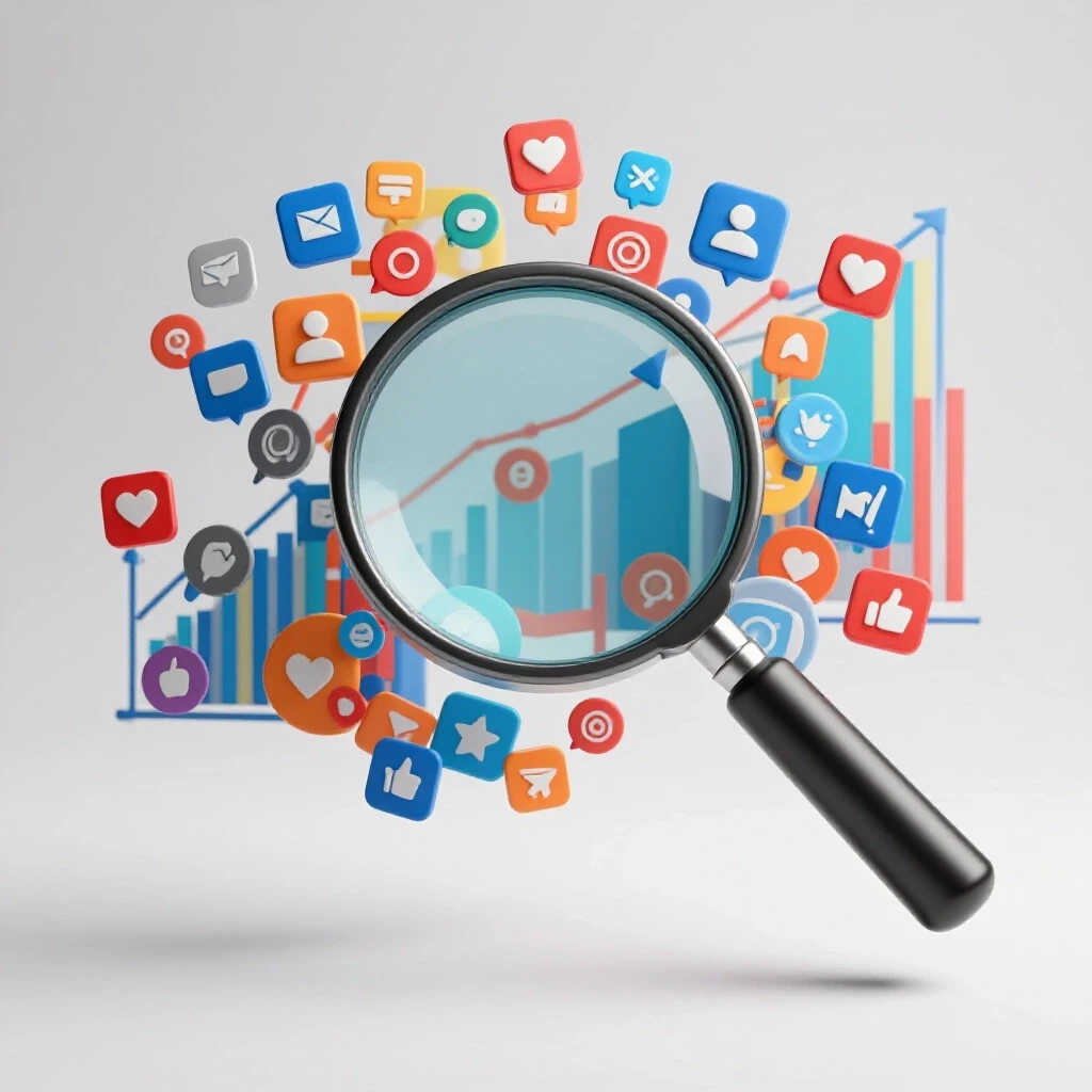 A magnifying glass over chaotic social media icons with clear graphs in the background, symbolizing insight.